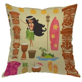 Zaueky Hawaii Symbols Pillow Case Hula Dancer Totem Pole Drums Tiki Torches Shirt Home Decor Cotton Linen Throw Cushion for Sofa Couch Car Bedroom Square 18"X 18" Pillow Cover