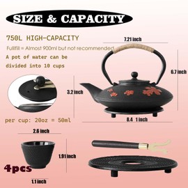 Cast Iron Teapot Set with Gift Pakckage, Pear Flower Tea Pot, Japanese Style Tetsubin Tea Gift Set, 4 Cups, Trivet and Lid Holder