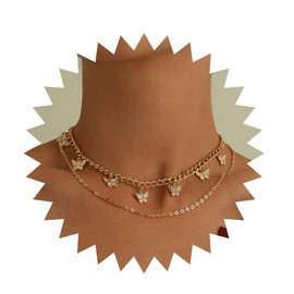 Yheakne Boho Layered Chain Necklace Butterfly Pendant Necklace Gold Station Butterfly Necklace Vintage Butterfly Choker Necklace Jewelry for Women and Girls