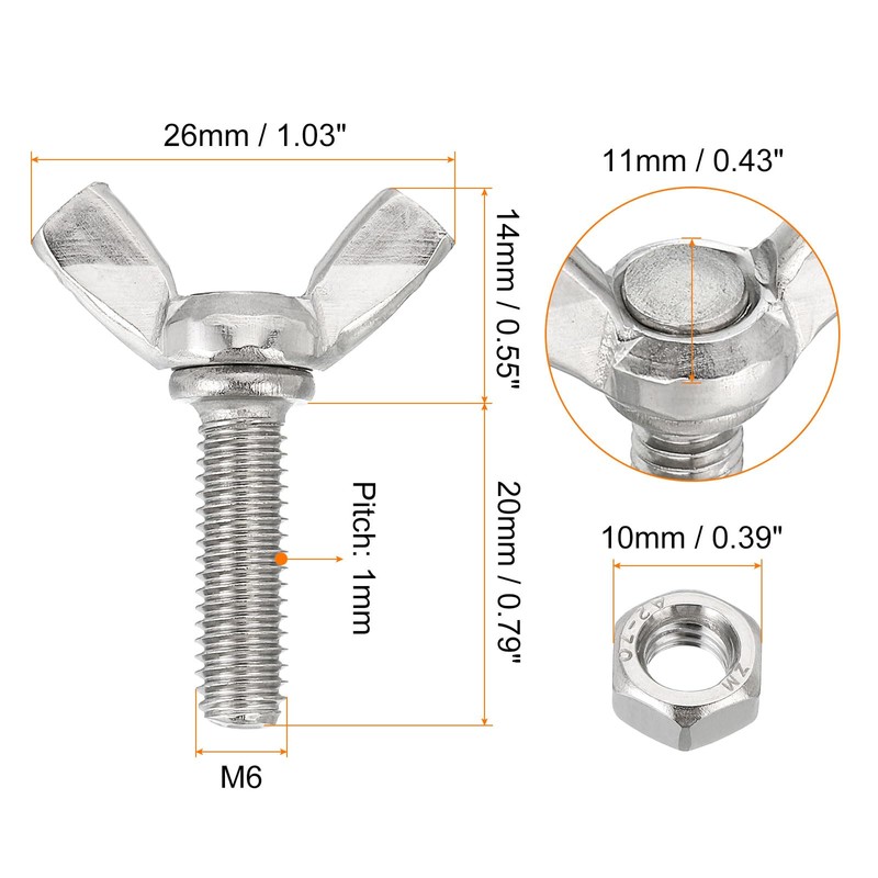 Sourcing Map 6pcs M6-1x20mm Wing Butterfly Screws Bolts with 6pcs