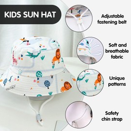 Baby Sun Hat, Cute Toddler Summer Hat with Animal Patterns, Adjustable Strap Sun Protective Bucket Cap for Girl Boy Kids Beach Outdoor Activity