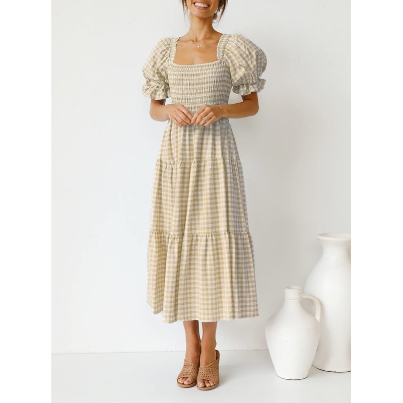 ZESICA Women's 2025 Bohemian Summer Plaid Square Neck Puff Sleeve