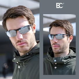 Bircenpro Sunglasses for Men Polarised: UV Protection Carbon Fibre Temple Sports Sunglasses for Driving, H-black frame silver lens