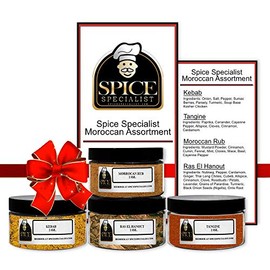 Moroccan Assortment Set - Contains: 4 Assorted Plastic Jars (1 each of: Moroccan Rub, Kebab Seasoning, Ras El Hanout, and Tajine)
