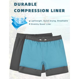 unitop Men's Swim Trunks with Compression Liner Quick Dry Bathing Suit Summer Beach Shorts with Pockets, Grey, 28