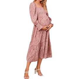 IFFEI Maternity Dress Long Sleeve Boho Midi Dress Floral Smocked Casual Dress Baby Shower Photoshoot Pink M