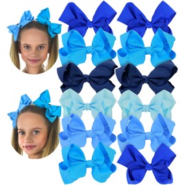 ToBeInStyle Girls' 12 Piece Hair Clips 7" Classic Cheer Bow - Blue Ensemble