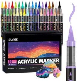 SUNEE Acrylic Paint Markers Brush Tip, 36 Colors Acrylic Markers with Automatic Ink Control System, Waterproof Acrylic Paint Pens for Painting,Wood, Canvas, Glass, Stone, Fabric and Art Supplies