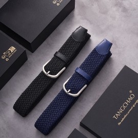 TANGCHAO Pack of 2 Fabric Belts, Stretch Belt, Elastic Braided Belt, Braided and Elastic Stretchy Belt for Men and Women, Width 3.3 cm, Black + Blue, 105 cm