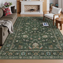 Hedlive Vintage Dark Green Area Rug 6x9, Ultra Thin Floral Washable Rugs for Living Room Bedroom, Boho Stain Resistant Dining Room Rug, Soft Large Green Carpet for Farmhouse