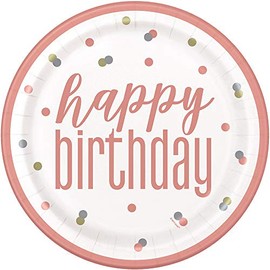 Unique Party 84892 Rose Gold 9" Classic Plates | Happy Birthday Glitz 8ct, 8 Count (Pack of 1)