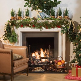 Rocinha 6.3FT Christmas Pine Garland with Lights, Holiday Pre-lit Artificial Pine Greenery Garland, Battery Operated with Timer, Lighted Christmas Garlands for Fireplace Holiday Decorations Indoor