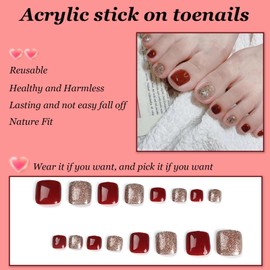 AKOFIC 24pcs False Toenails Short Square, French Glossy Red Stick on Toenails, Rhinestones Full Cover Press on Toenails, Artificial Fake Toenails for Big Toe Women Grils Manicure Art