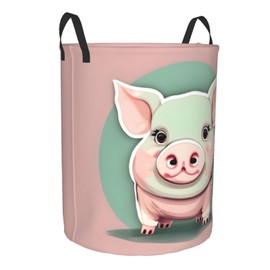 Cute Long Ear Pig Print Circular Protable Storage Bin Organizer Round Basket For Laundry Hamper With Handles