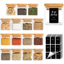 ComSaf 16Pcs Spice Jars with Labes, Glass Jar with Bamboo Lid, 4oz Airtight Square Spice Containers with Black Lables, Empty Seasoning Jars for Spice, Salt, Pepper, Sugar