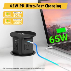 Kungfuking Pop Up Outlet for Countertop Kitchen, 65W USB C Wireless Counter Top Electrical Power Outlet, 15A/1875W Receptacle Charging Station Recessed Popup Plugs for Island Conference Table Office