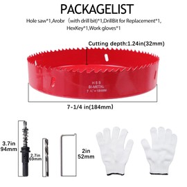 Geesatis 7-1/4 Inch Hole Saw,HSS Bi-Metal Hole Cutter,Hex Shank Hole Saw Drill Bit with Spring,use for Cutting Wood, Plastic, Drywall, Plasterboard and Soft Metal Sheet,1 Set