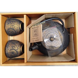RIKYU Cast Iron Tetsubin 20oz Teapot Antique Ancient Gold Coin Pattern with 2 teacups