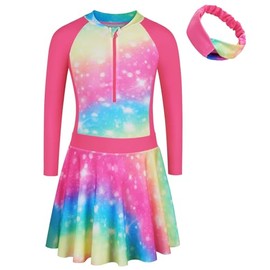 Girls Swimsuit One Piece Long Sleeve UPF 50+ Floral Skirted Bathing Suit Modest Beach Swim Dress S456_Rainbow_92/98