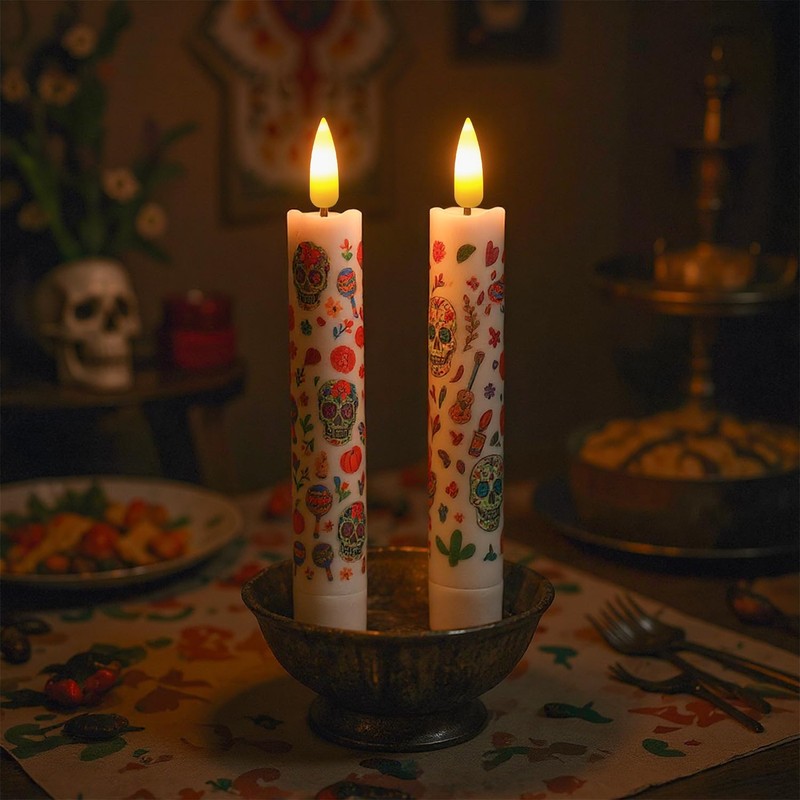 ONEIHOMM Dia De Los Muertos Taper Candles with Timer Remote