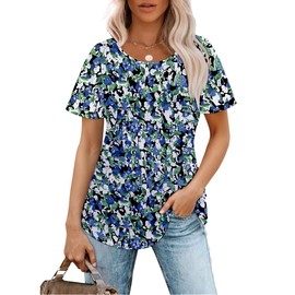 Chicrise Women's Summer Short Sleeve Crew Neck Tops Pleated Casual Tunic Elegant 2025, Blue White Floral Pattern, XL