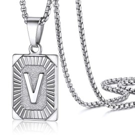 V Initials Necklace Men Fashion Stainless Steel Jewelry Square Pendant Lightning Bolt Big Letter Necklace