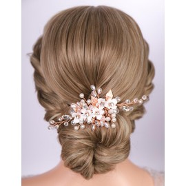 Teyglen Wedding Flower Hair Comb Rose Gold Pearl Crystal Hair Piece Bridal Flower Headpiece for Bride Leaf Wedding Hair Comb Floral Hair Accessories for Women