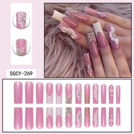 24 Pcs White French Press on Nails Long Square Water Pipe Fake Nails Pink False Nails with 3D White Flower Rhinestones Design Glossy Nail Tips Full Cover Gel Glue on Nails for Coquette Women