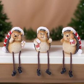 The Bridge Collection Holiday Hedgehog Figurines - Set of 3 - Tabletop Figurines for Holiday Decor - Cute Christmas Animal Hedgehog Shelf Sitters with Dangling Legs and Santa Hats