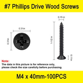 100 Pcs #7 X 1-1/2'' Drywall Screws,Black Wood Screw,Flat Head Phillips Screws Self Tapping Screws Used in Furniture,Woodworking Repairs and DIY Projects（M4 X 40mm）