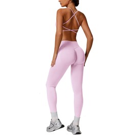 ABOCIW Workout Sets for Women 2 Piece Seamless Backless Sports Bra Scrunch Butt Lifting High Waist Leggings Gym Set Pink Small