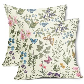 Spring Floral Botanical Pillow Covers 18x18 Inch Set of 2 Wild Flower Plant Cotton Linen Decorative Throw Pillow Case Seasonal Flowers Pillow Cushion Covers for Bedroom Sofa Living Room Chair