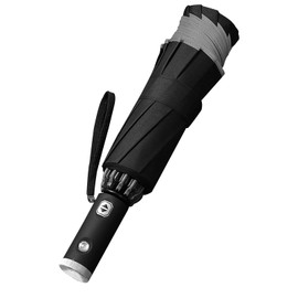 Automatic Open Close Compact Folding Windproof Umbrella with LED Light, 10 Bones, Large, Lightweight Travel, Reversible, Anti-UV, Rain, Sun, Windproof Parasol (Black)