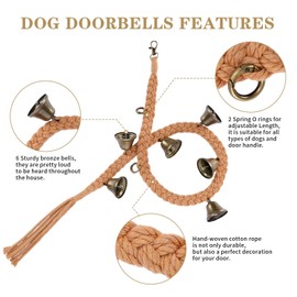 2 Pack Dog Bells for Door Potty Training, Handwoven Cotton Rope Dog Doorbell with 6 Extra Loud Bells, Adjustable Dog Door Bells for Small Medium Large Dogs to Ring to Go Outside, Brown