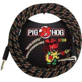 Pig Hog PCH20RAR Cable de instrumento de guitarra de rayas rasta en ángulo recto a 1/4 pulgadas, 20 pies