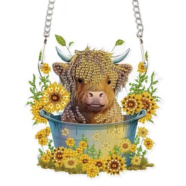 Diamond Painting Ornament 5D DIY Diamond Art Animal Cow and Sunflower Creative Design Handmade Acrylic Pendant Mosaic Making Kits by Number Kits Home Decoration Pendant