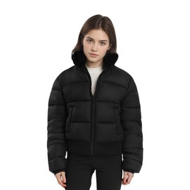 solomate Womens Winter Hooded Cropped Puffer Coats Long Sleeve Fleece Lined Jackets Quilted Short Outwear Black M