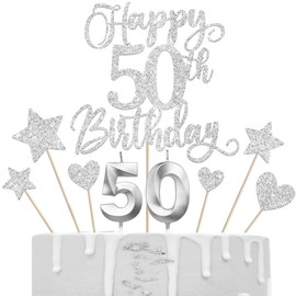 Juego de 13 decoraciones para tartas de feliz cumpleaños 50 con estrellas de corazón con purpurina para 50 años de cumpleaños, número 50 velas, decoración de pasteles para feliz cumpleaños 50