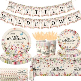 170Pcs Wildflower Baby Shower Decorations for Girls A Little Wildflower Is On The Way Plates Napkins Cups Tablecloth Banner for Spring Summer Floral Party Decor