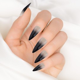 Long Stiletto Press on Nails, 24Pcs Black Gradient Glossy French Tips Fake Nails, Full Cover False Nail Tips Stick on Nail, Reusable Acrylic Nail Press on for Women
