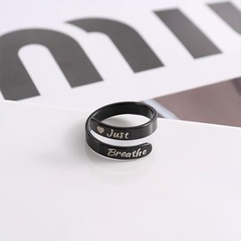 Just Breathe Lotus Ring for Women Non Tarnish Stainless Steel Inspirational Hope Ring Just Breathe Ring Adjustable Birthday Jewelry Gift (Black heart)
