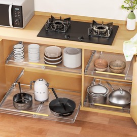 blitzlabs Expendable Pull Out Cabinet Organizer Bottom Mounted Slide Out Kitchen Cabinet Shelf Stainless Steel Heavy Duty for Pot and Pans, Chrome