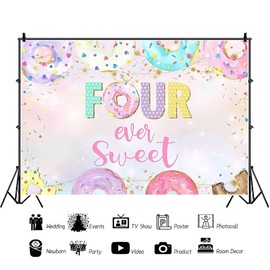 4th Donut Birthday Backdrop Four Ever Sweet Donut Birthday Party Decoration Background Toddler Girl 4th Birthday Party Banner Supplies 7x5ft