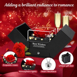 NERCHVO Preserved Real Rose Gift Box with Necklace, Eternal Flowers Rose Birthday Gifts Music Box for Her Mom Wife Grandma Girlfriend on Valentines Mothers Day Christmas Anniversary (Red)