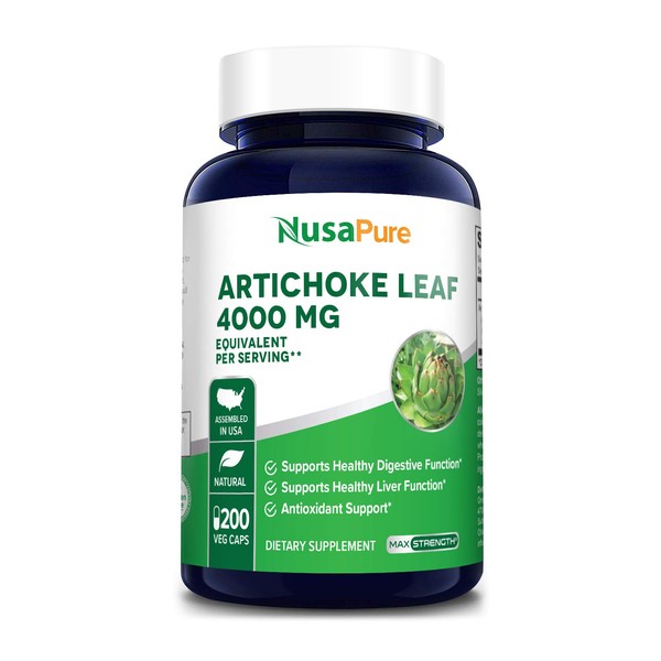 NusaPure Artichoke Extract 4000mg per Serving. 200 Veggie caps, For Digestive Health, Contain Artichoke Leaf, Cellulose, Magnesium Stearate, Silica, Rice Powder (Non-GMO, Extract 4:1 & Gluten Free)