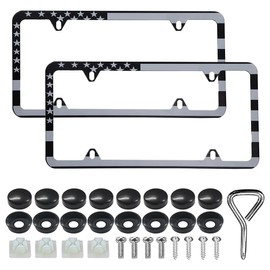 ZIMISI 2PCS Car License Plate Frames, Stainless Steel Vehicle License Plate Protect Holder with Screws Fasteners Caps, Universal Front and Rear Auto Tag Covers Accessories (4 Holes/Flag)