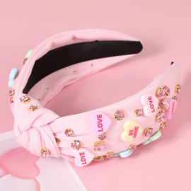 Gmmidea Valentine’s Day Headband for Women Candy Love Conversation Heart Headband Jeweled Beaded Heart Knotted Headband Sparkly Red Pink Rhinestone Hairband Valentines Accessories Gifts