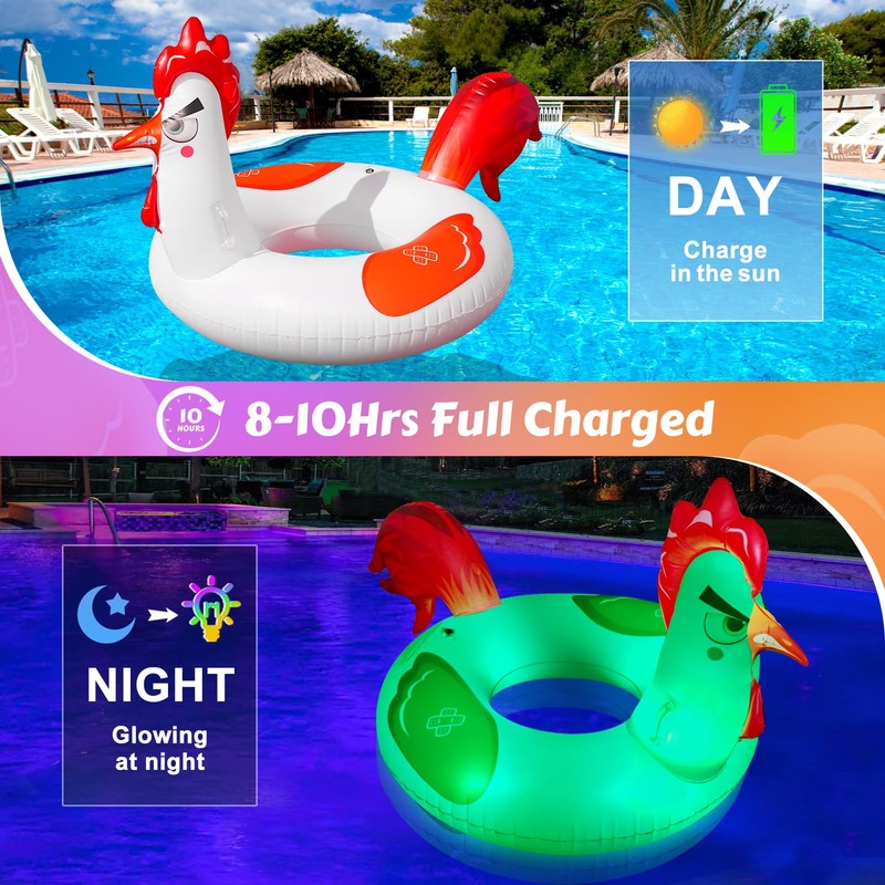 Junbig Inflatable Pool Floats with Lights, 63" Chicken Pool Floaties