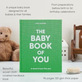 Colour Chronicles - Baby Book | First Year Memory Book | Keepsake Baby Journal for Girls and Boys | Record 1st Year Milestones | Scrapbook & Photo Album | Linen Covered Hardback Baby Gift – Green