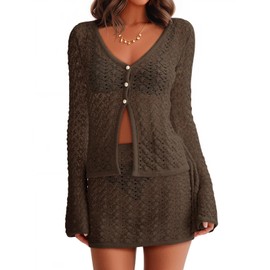 Fisoew Womens Crochet 2 Piece Cover Up V Neck Bell Sleeve Button Cardigan Sheer Mesh Beach Mini Skirt Coverup Set Brown